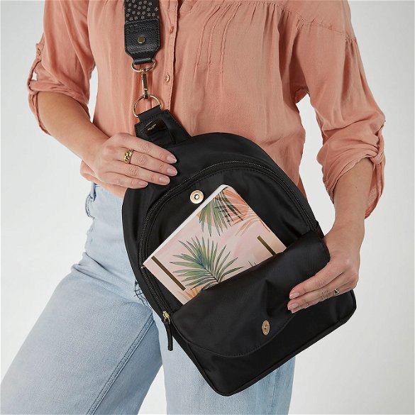black leather sling backpack purse Serapian In Cachemire And Mosaico, Man the detachable strap converts the bag effortlessly from a hands Black Sling Bag | Erin