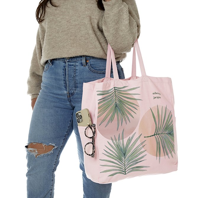 Watercolor Palms Canvas Pocket Tote Bag