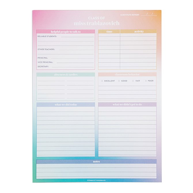 Substitute Teacher Notepad Erin Condren