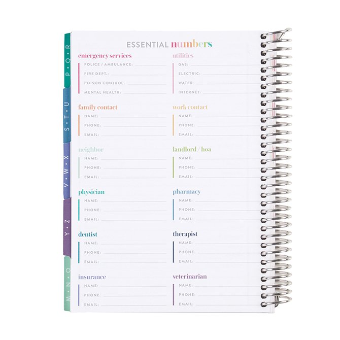 80 Lb Thick Paper Full Alphabetical Contact Log & Address Book 140 Pages with 9 Tabs Essential Numbers and Locations Tracker by Erin Condren. A5 Spiral Bound Address Book 